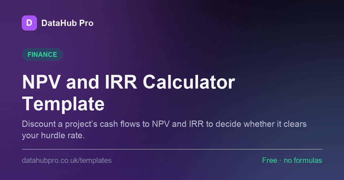 Preview of the NPV and IRR Calculator Template dashboard in DataHub Pro — KPI tiles and charts built from the sample data